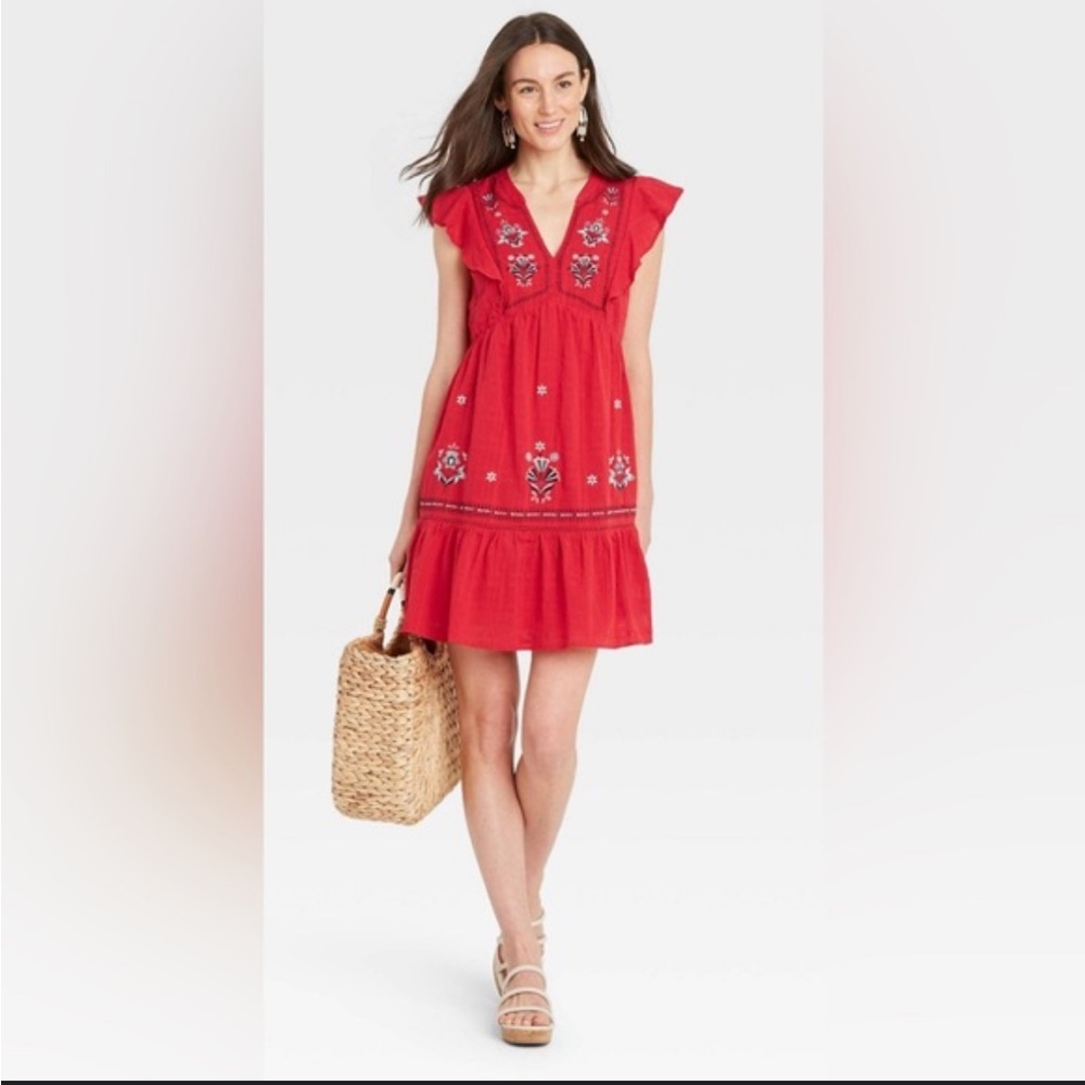 Knox Rose Red Ruffle Mini Dress Short Sleeve Embroidered Size XS boho